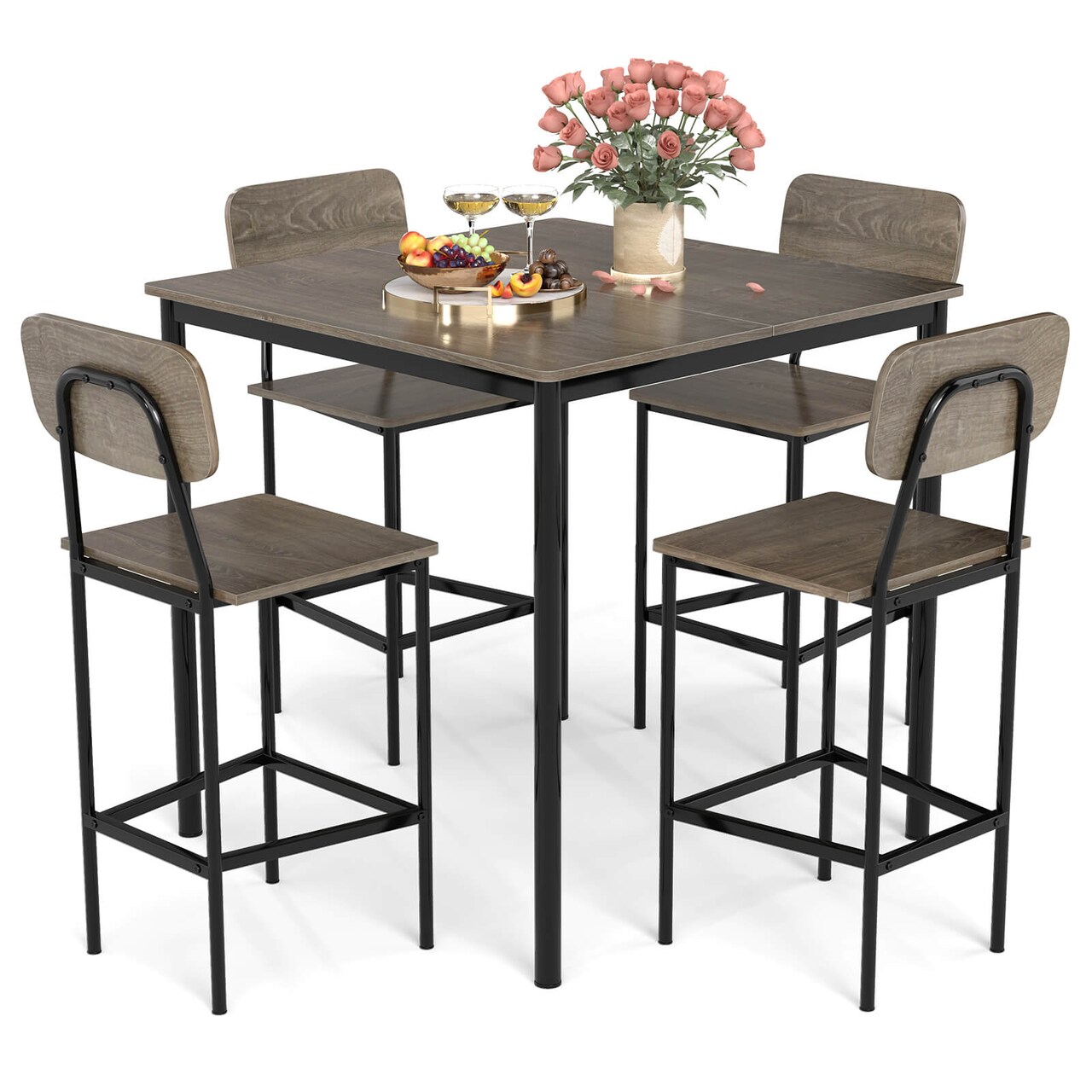Costway 5-Piece Industrial Dining Table Set with Counter Height Table & 4 Bar Stools Black/Grey/Walnut
